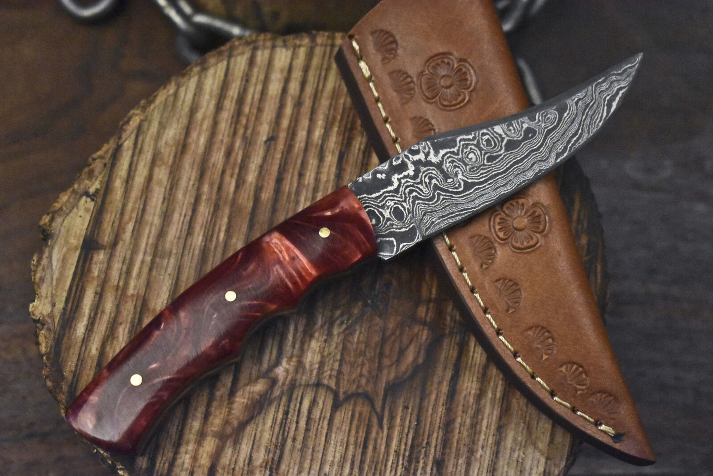 7" Hand Forged Damascus Skinner Knife with Corian Handle – Raindrop Pattern Outdoor Gift