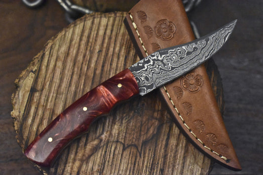 7" Hand Forged Damascus Skinner Knife with Corian Handle – Raindrop Pattern Outdoor Gift