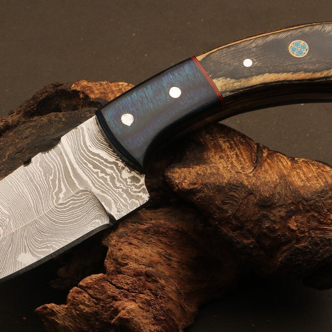 7" Hand Forged Twist Damascus Steel Bowie Knife | Camel Bone & Wood Handle