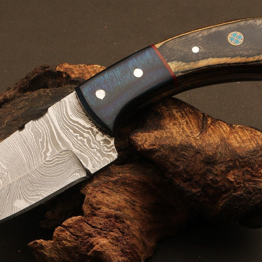7" Hand Forged Twist Damascus Steel Bowie Knife | Camel Bone & Wood Handle