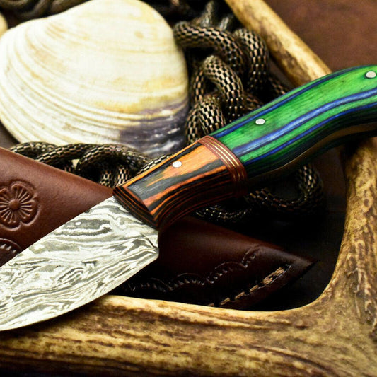 7” Handmade Damascus Bowie Knife | Hardwood Handle & Leather Sheath