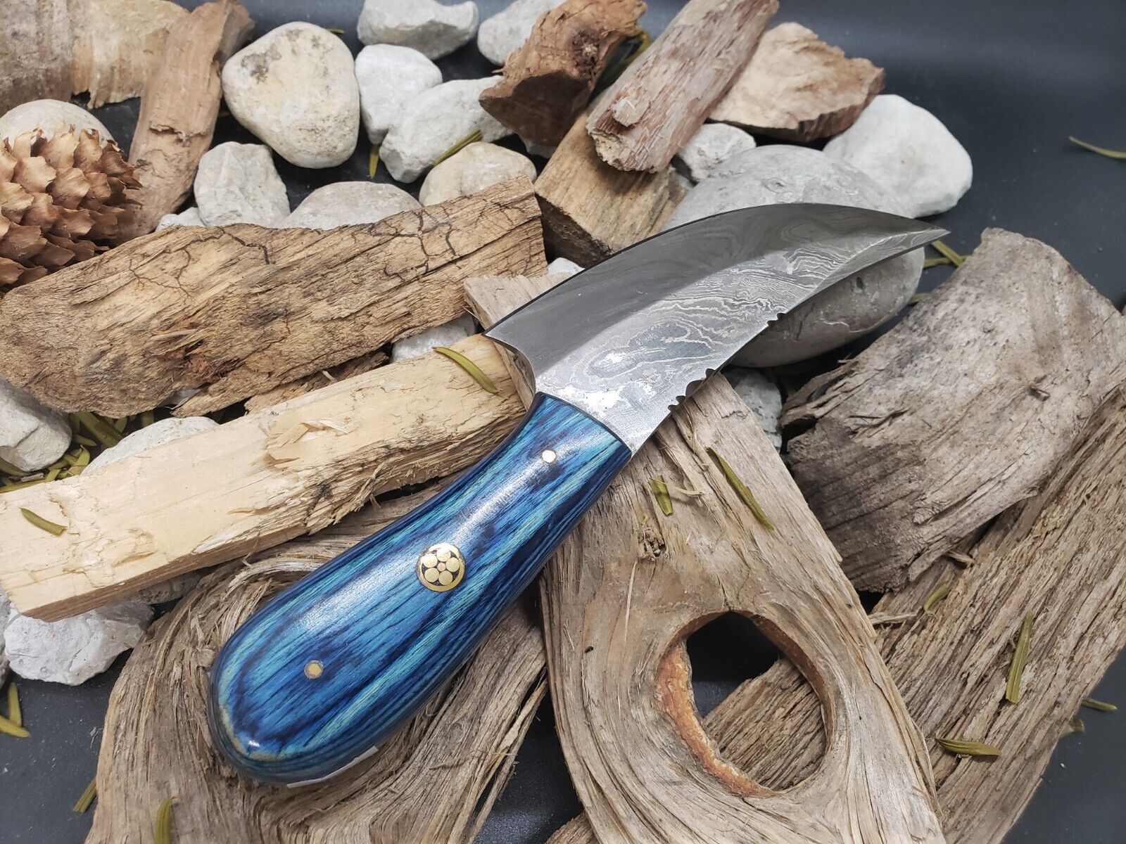 7" Handmade Damascus Hunting Bowie Knife | Blue Wood Handle & Leather Sheath