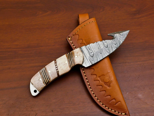 7" Handmade Damascus Steel Gut Hook Hunting Knife – Burned Camel Bone Handle
