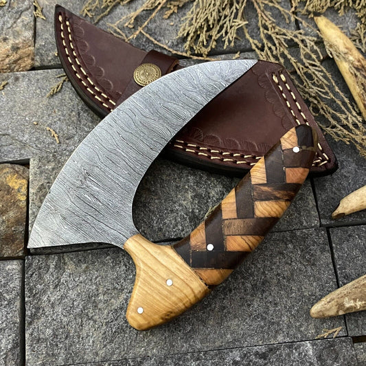 7" Handmade Damascus Steel Ulu Hunting Knife – Rosewood Handle w/ Sheath