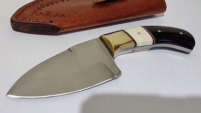 7" Hunting Bowie Knife 440 Stainless Steel Buffalo Horn & Bone Handle with Leather Sheath