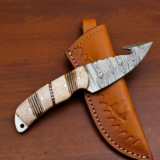 7 Inch Damascus Gut Hook Knife with Burn Camel Bone Handle