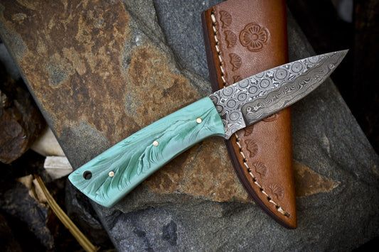 7" Rain Drop Damascus Skinner Knife Corian Handle Custom EDC Best Selling