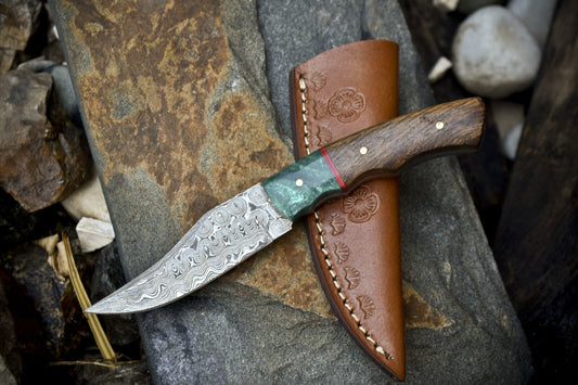 7" Raindrop Damascus Skinner Knife with Walnut Wood Handle & Micarta Bolster – Handmade Hunter