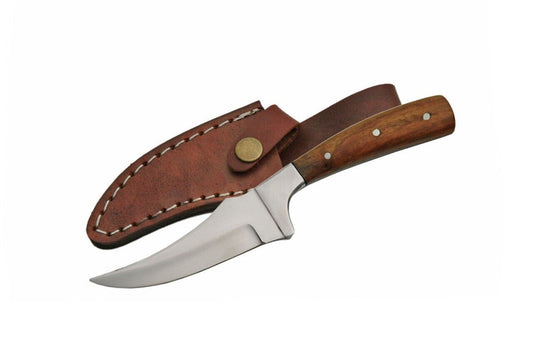 7" Skinner Knife – Full Tang Stainless Steel Trailing Point Blade with Wood Handle & Leather Sheath