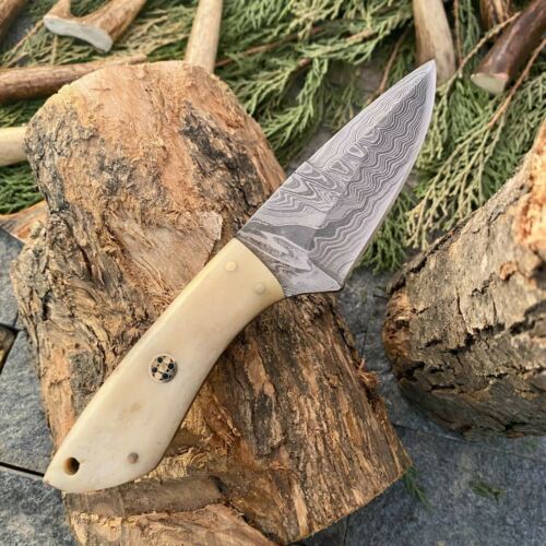 7" Twist Damascus Skinner Knife Camel Bone Handle Custom Handmade EDC