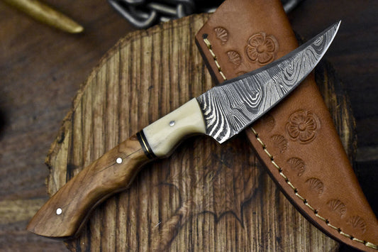7" Twist Damascus Skinner Knife with Hard Wood Handle – Best Selling EDC Handmade Blade