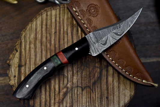 7" Twist Damascus Skinner Knife with Hardwood Handle and Micarta Bolster for Hiking and Outdoor Use