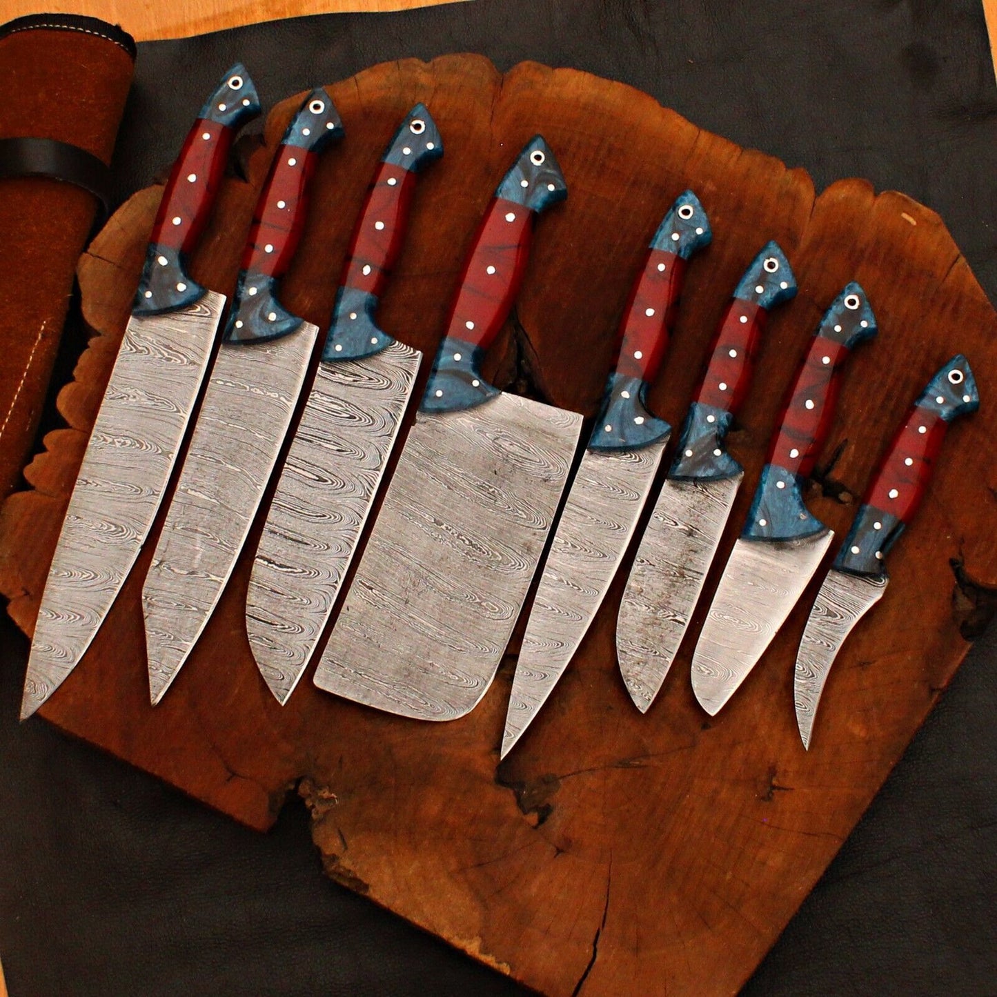 8-Piece Custom Handmade Damascus Forged Steel Chef Knife Set 