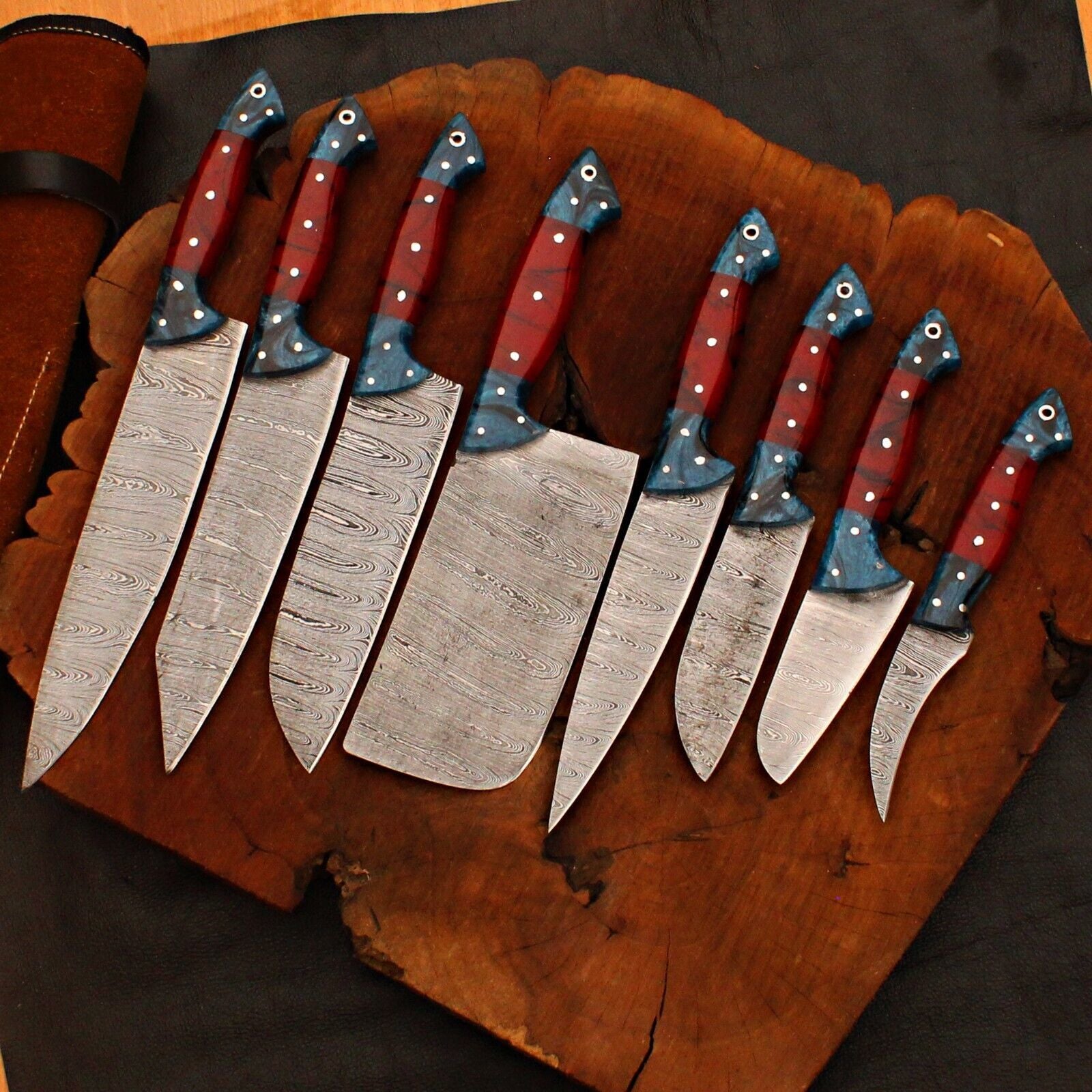 8-Piece Custom Handmade Damascus Forged Steel Chef Knife Set 