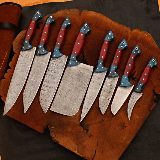 8-Piece Custom Handmade Damascus Forged Steel Chef Knife Set 