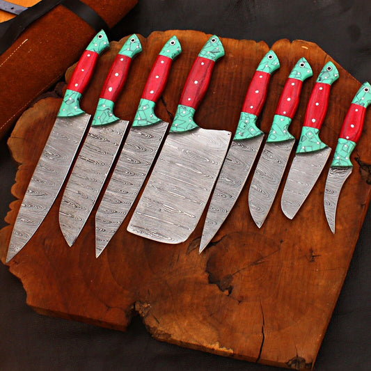 8-Piece Custom Handmade Damascus Forged Steel Chef Knife Set with Sheath