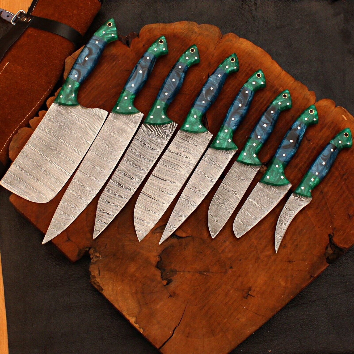8-Piece Handmade Damascus Steel Chef Knife Set | Forged Kitchen Knives with Sheath