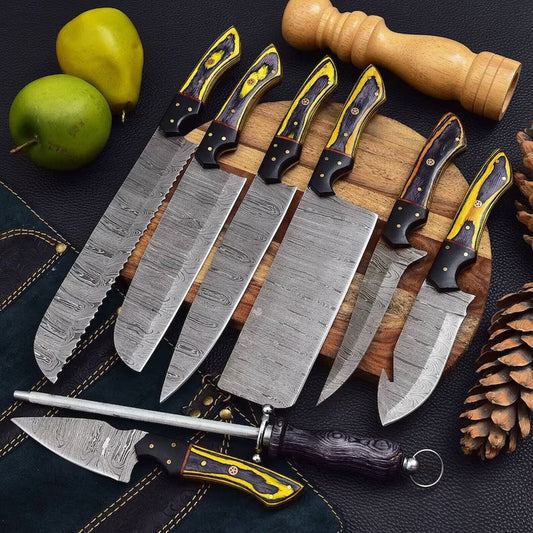 8-Piece Handmade Damascus Steel Chef Knife Set with Leather Roll Bag | Professional Kitchen Knives