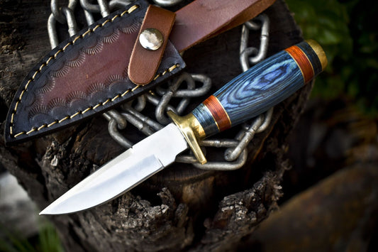 8.0" Custom Hand Forged Skinner Knife 440C Stainless Steel Hardwood Handle Brass Guard with Leather Sheath