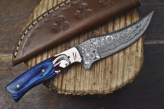 8.0" Custom Rain Drop Damascus Skinner Knife with Hardwood Handle & Micarta Bolster