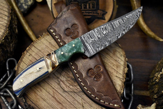8.0" Custom Skinner Knife Twist Damascus Bone and Wood Handle with Sheath