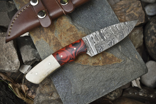 8.0" Handmade Twist Damascus Skinner Knife with Mixed Material Handle – Outdoor Gift