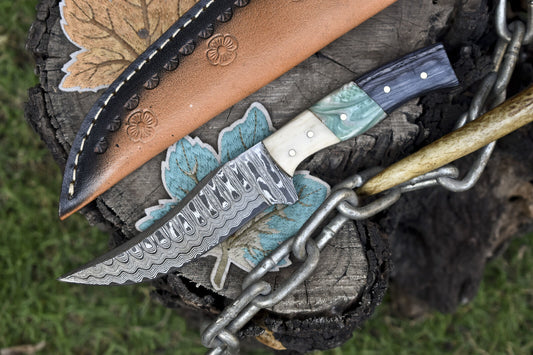 8.0" Ladder Damascus Skinner Knife Mixed Handle Razor Sharp Hunting Tool