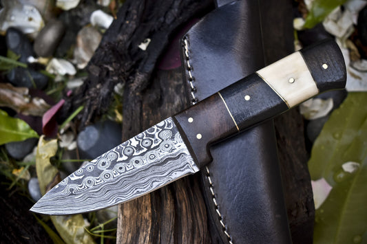 8.0" Rain Drop Damascus Skinner Knife Bone and Wood Handle Survival Blade