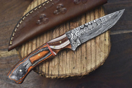 8.0" Rain Drop Damascus Skinner Knife with Hard Wood Handle – Custom Handmade Hiking Knife

