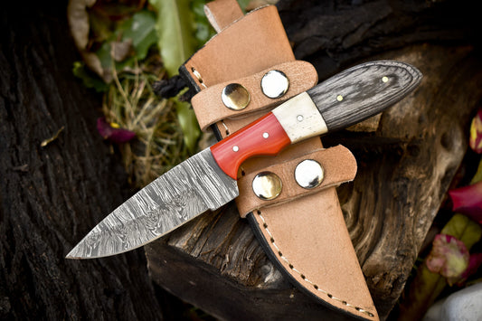 8.0" Twist Damascus Skinner Knife Bone and Wood Handle Fishing Knife