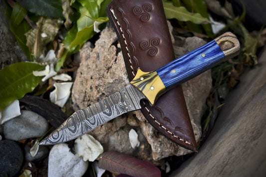 8.0" Twist Damascus Skinner Knife Hardwood Handle EDC Hunting Knife