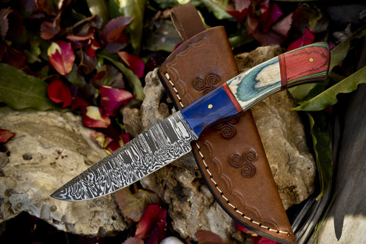 8.0" Twist Damascus Skinner Knife Hardwood Handle Micarta Bolster Survival Knife