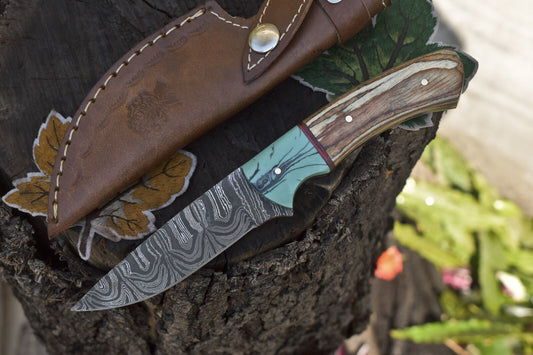 8.0" Twist Damascus Skinner Knife Hardwood Handle Tactical EDC Knife