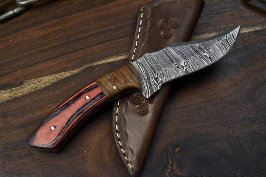 8.0" Twist Damascus Skinner Knife Hardwood Handle Wooden Bolster Gift Knife