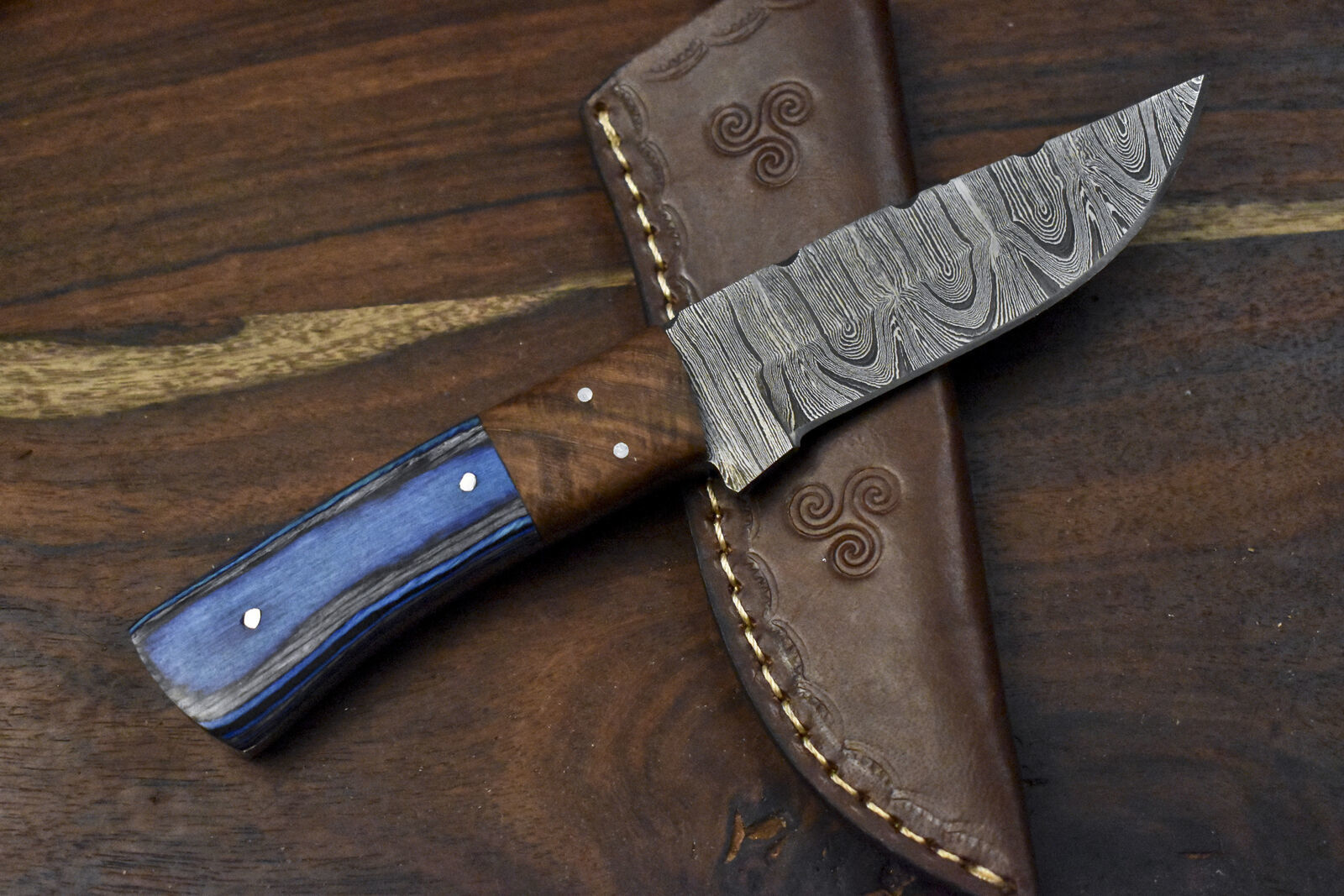 8.0" Twist Damascus Skinner Knife Hardwood Handle Wooden Bolster with Sheath