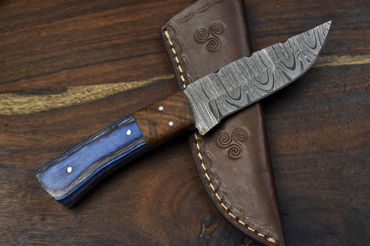 8.0" Twist Damascus Skinner Knife Hardwood Handle Wooden Bolster with Sheath