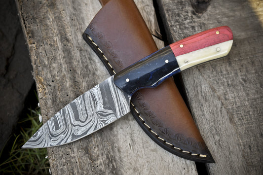 8.0" Twist Damascus Skinner Knife Mixed Handle Custom Handmade Outdoor Hunting Knife