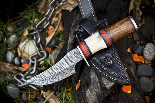 8.0" Twist Damascus Skinner Knife with Bone and Wood Handle – Custom Handmade Survival Knife