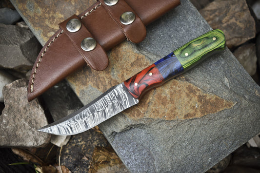 8.0" Twist Damascus Skinner Knife with Mixed Material Handle & Micarta Bolster – Handmade EDC Knife

