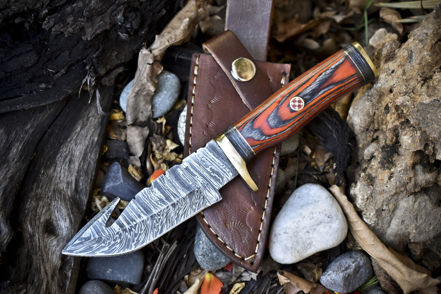 8.0 in Forged Skinner Knife w Gut Hook Twist Damascus Hard Wood Brass Guard Camping Knife
