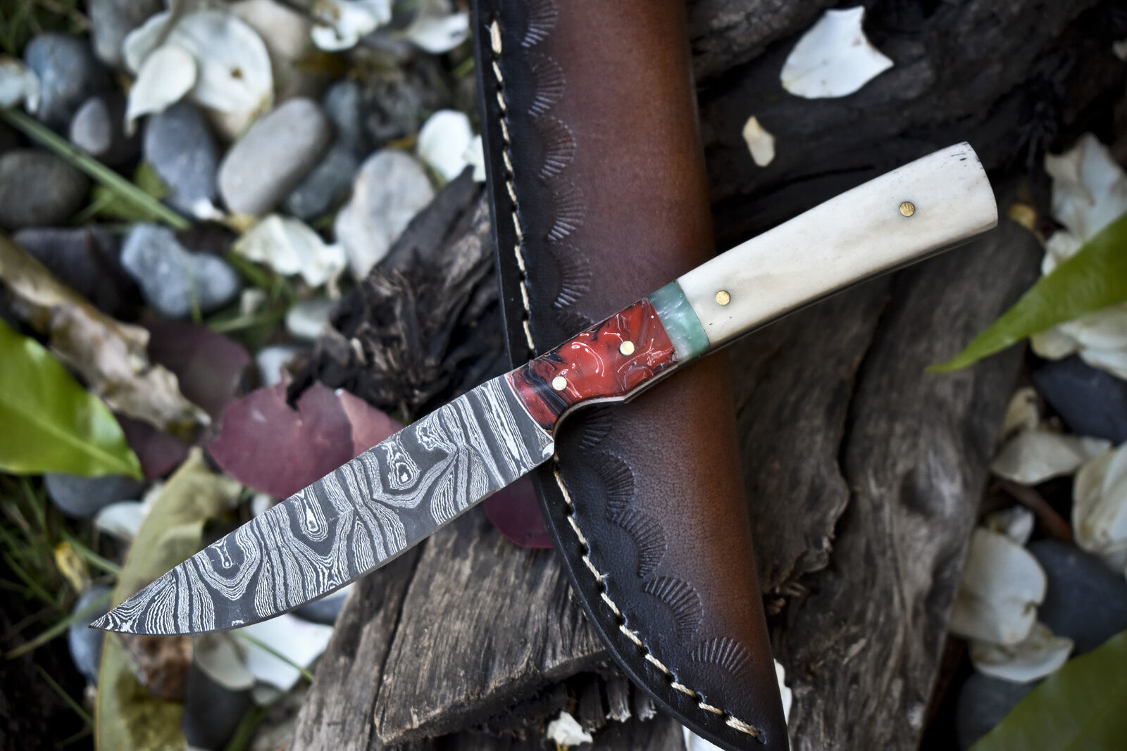8.0 in Handmade Skinner Knife Twist Damascus Bone Micarta Bolster EDC
