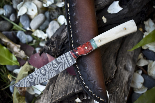 8.0 in Handmade Skinner Knife Twist Damascus Bone Micarta Bolster EDC