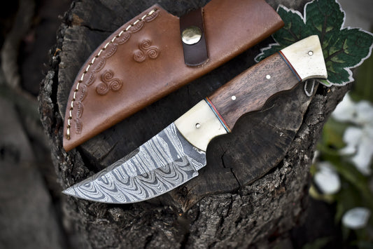 8.0 in Twist Damascus Skinner Knife Walnut Wood Handmade EDC Veterans Gift