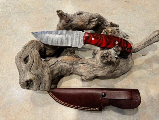 8.15" Damascus Steel Hunter/Skinner Knife with Ceramic Handle & Leather Sheath – Handmade Hunting Blade