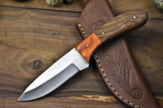 8.25" Custom Forged Skinner Knife AUS-8 Steel Walnut Wood Handle Wooden Bolster EDC with Leather Sheath