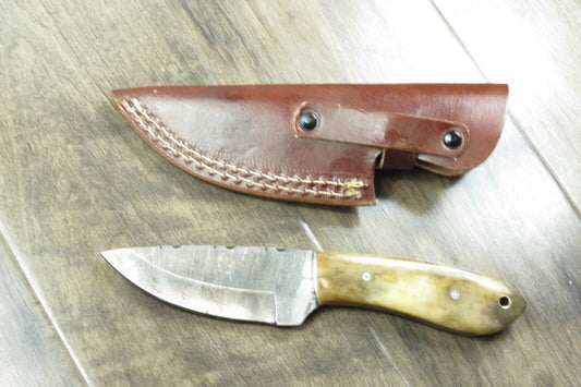 8.25" Damascus Steel Skinner Knife – Bone Handle, Stainless Bolster, Leather Sheath