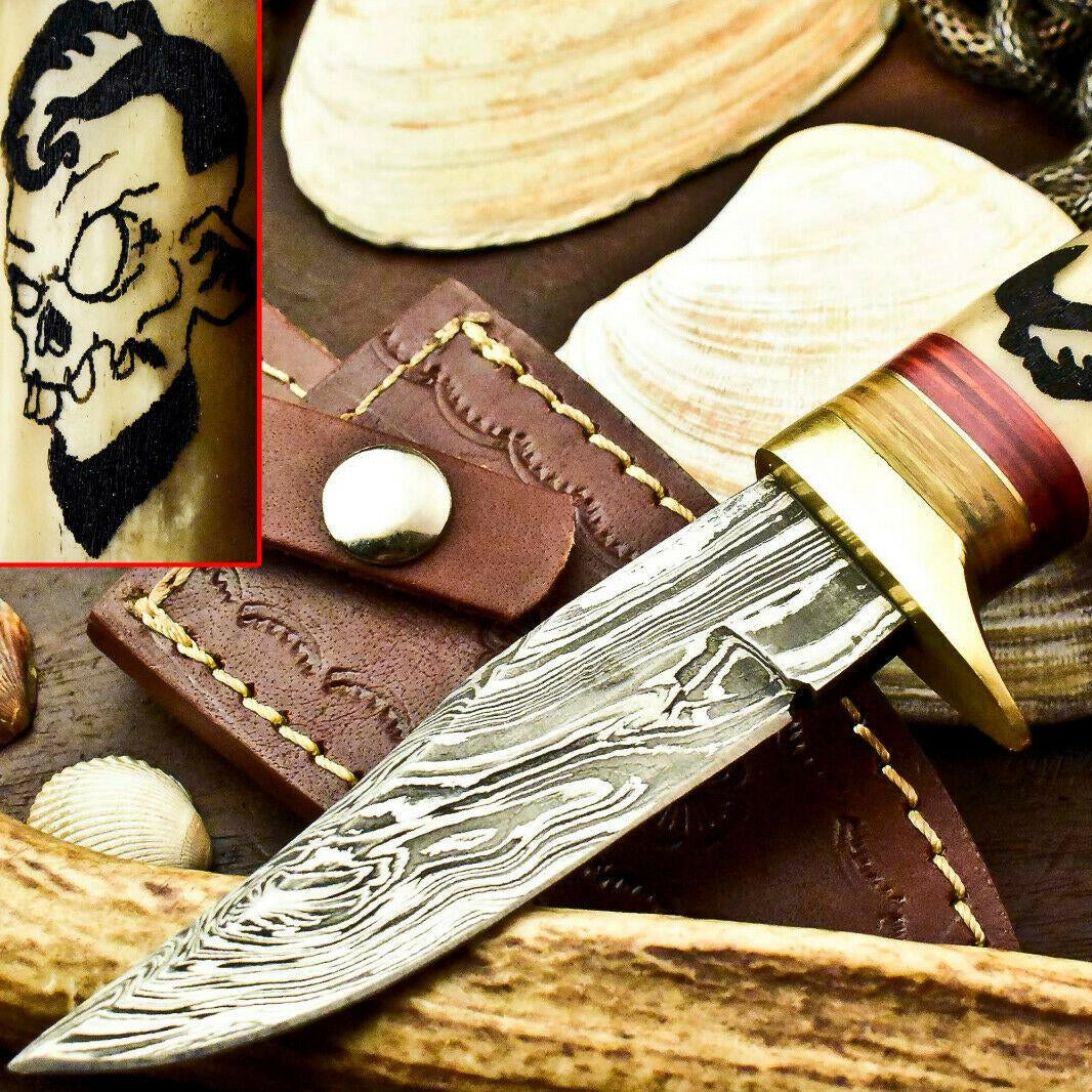 8.25" Handmade Damascus Bowie Knife with Damascus Steel Blade & Camel Bone Handle