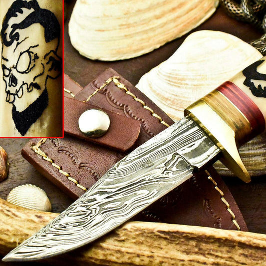 8.25" Handmade Damascus Bowie Knife with Damascus Steel Blade & Camel Bone Handle