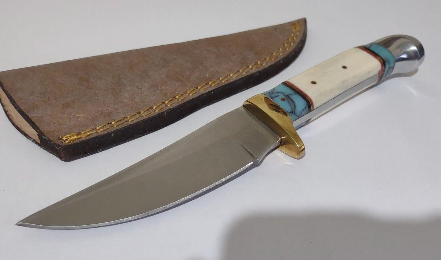 8.25" Hunting Bowie Knife 440 Stainless Steel White Bone & Turquoise Handle with Leather Sheath