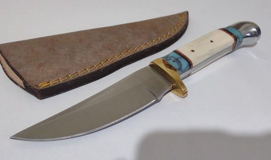 8.25" Hunting Bowie Knife 440 Stainless Steel White Bone & Turquoise Handle with Leather Sheath